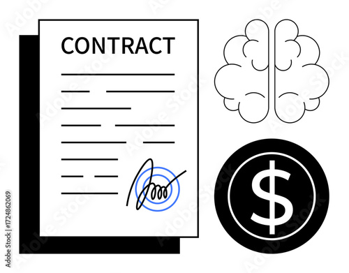 Contract with signature, brain symbolizing decision-making, dollar sign for finance. Ideal for legal agreements, business negotiation, financial planning, intellect, strategy, investment simple flat