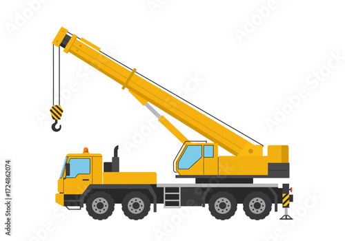Yellow mobile crane construction vehicle with extended boom arm and hook for lifting heavy objects.