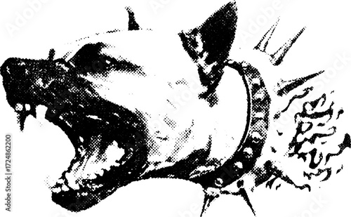 Aggressive dog illustration of a pitbull breed. Monochrome vector art with bold design elements in a detailed set.