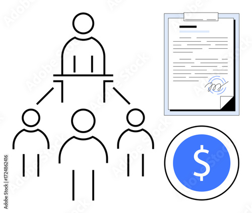 Hierarchical team model with a leader connected to team, signed contract, and coin with dollar sign. Ideal for teamwork, authority, contract management, leadership, financial deal, corporate