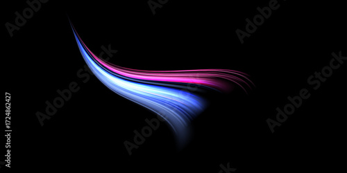 Glowing pink and blue lines. Dynamic neon realistic energy speed wave. Abstract curve twirl light effect on a dark background. Vector illustration.