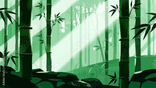 A serene illustration of a bamboo forest with sunlight filtering through the trees.