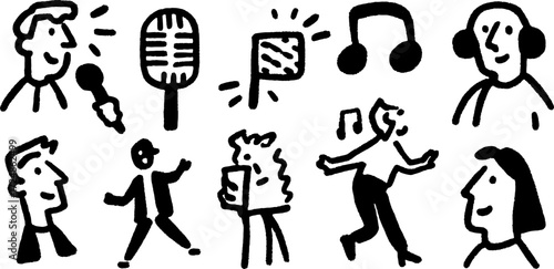 Microphone and singer vector illustrations. Simple black and white illustration set of music and performance-related activities.