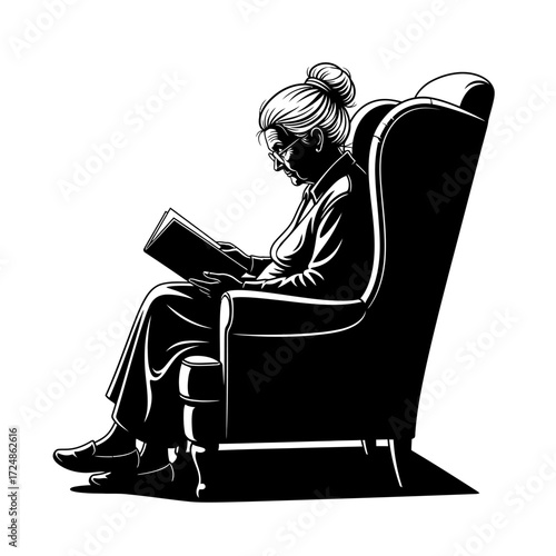 Elegant Silhouette of a Senior Woman Reading a Book Timeless Representation of Knowledge
