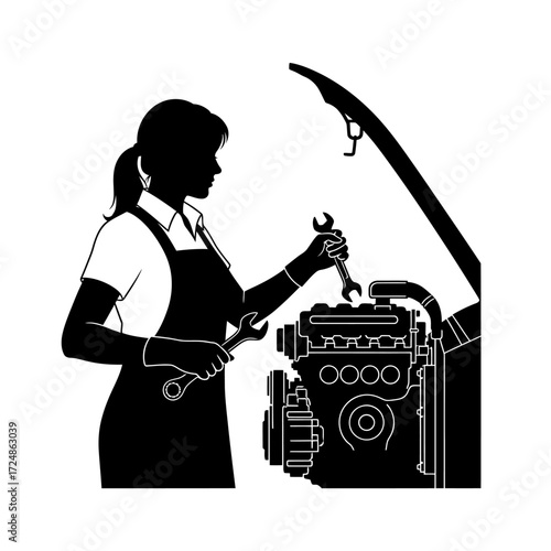 Contemporary Silhouette of a Female Mechanic Diligently Working on a Car Engine