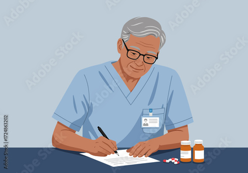 Doctor Writing Prescription with Medicine Bottles and Pills.
