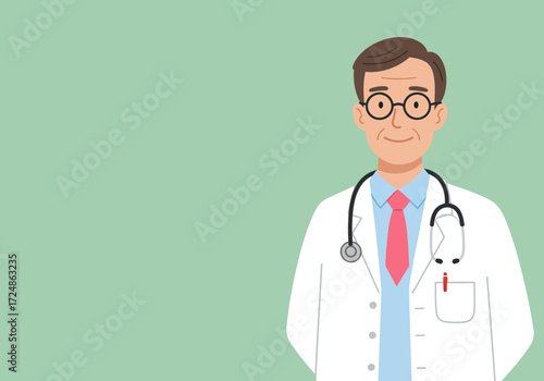 Smiling doctor with glasses and stethoscope ready to help patients in clinic.