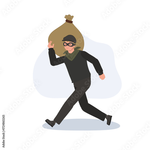 robbery cartoon thief carrying sack masked man escaping burglary.