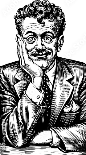 Vintage vector illustration of a smiling man in a suit. Thoughtful expression with curly hair in black and white style.