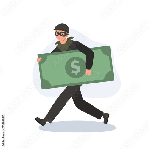 burglar criminal character carrying stolen money. theft scam fraud and illegal finance