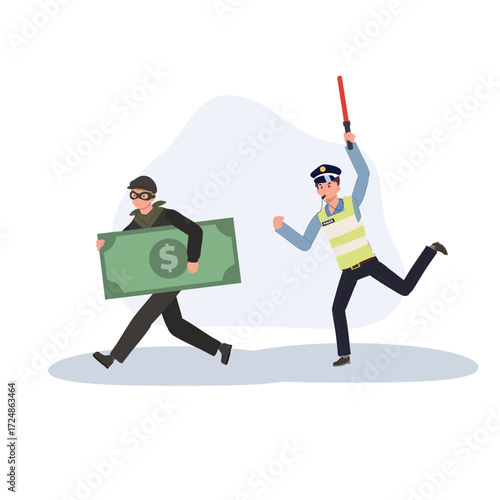 thief running with dollar police officer chasing. crime scene security concept