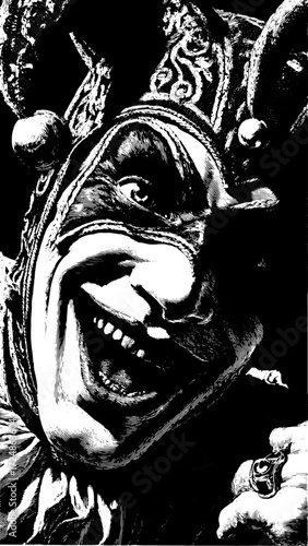 Jester face illustration in detailed black and white. This vector art features intricate designs that highlight the traditional performance character.