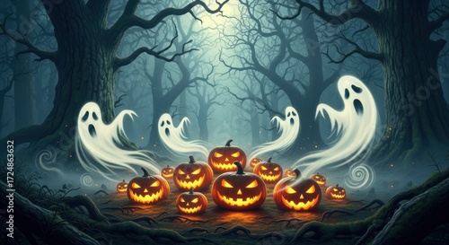 Wallpaper Mural Spooky Halloween night with glowing jack-o'-lanterns and friendly ghosts in the woods Torontodigital.ca