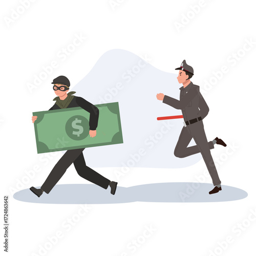 bank robbery cartoon illustration of burglar escaping with cash and policeman in pursuit
