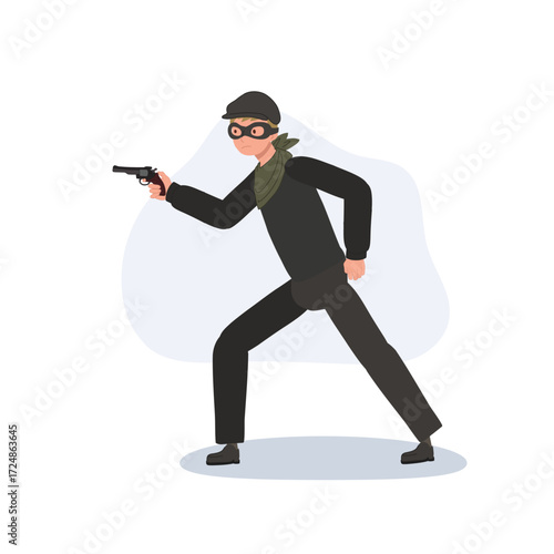 criminal thief robber with gun in dark clothing illustration of armed masked man in action pose for crime danger security