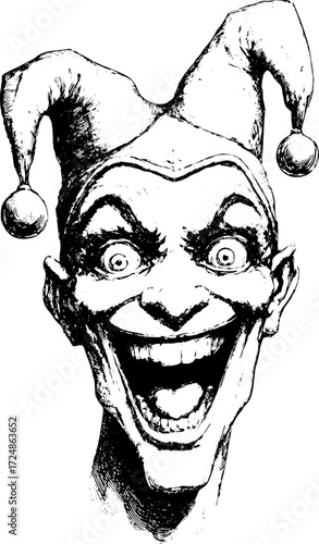 Joker character with a bold expression. Black and white vector illustration captures laughter and emotion in a surreal comic-style face.