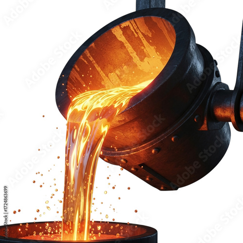 Molten metal pouring from a crucible isolated on transparent background