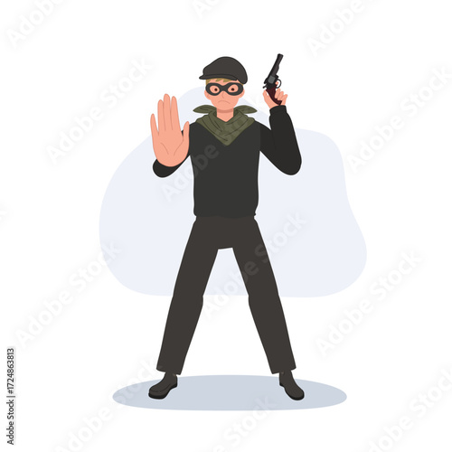 robber thief burglar masked man with gun stop hand gesture crime illustration
