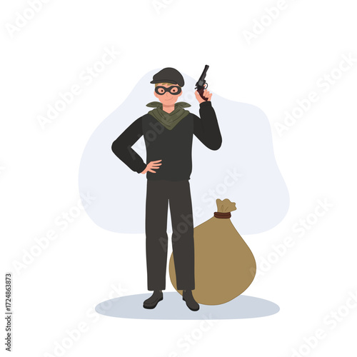 robber thief burglar with gun and money bag cartoon illustration criminal character design