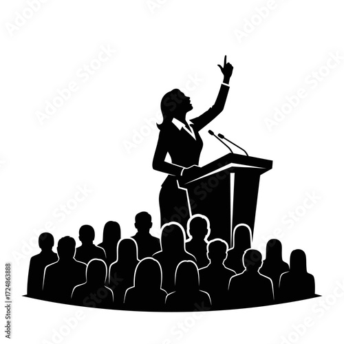 Confident Female CEO at a Podium Dynamic Minimalist Silhouette of Public Speaking