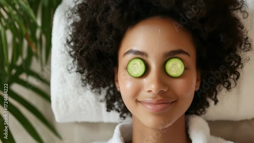Beautiful African American Woman Relaxing with Cucumber Eye Treatment at Spa, Self-Care and Wellness Concept, Close-Up Portrait