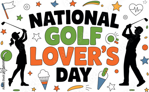 Celebrate National Golf Lover's Day with energetic golfers and festive icons