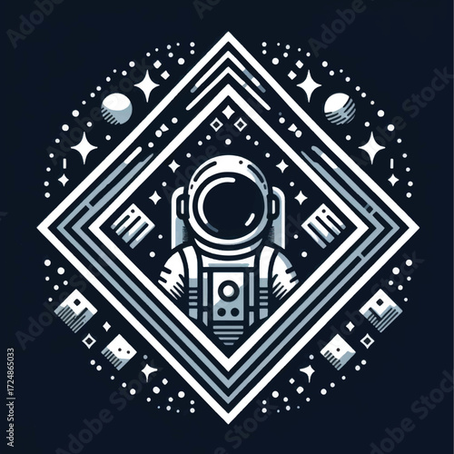 Astronaut in geometric cosmic frame with stars and planets space exploration.