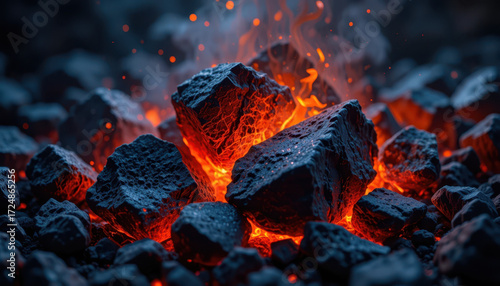 Molten lava flow erupting from volcano natural landscape high-temperature environment close-up view geological phenomenon