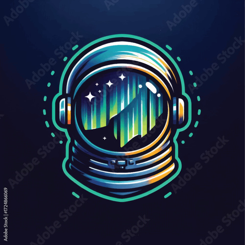 Astronaut helmet reflecting aurora borealis.