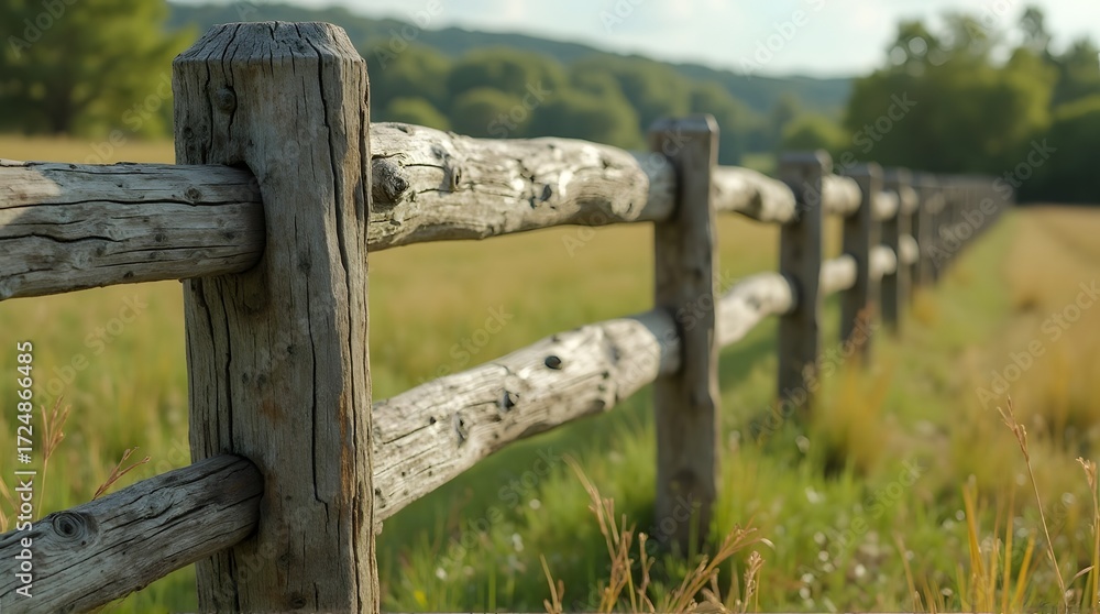 Fototapeta premium Rustic wooden fence in a sunlit meadow with blurred green hills