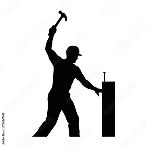 Strong Male Carpenter Silhouette Hammering a Nail into Wood Skilled Construction Worker