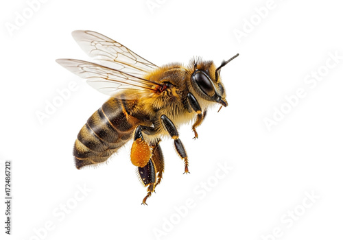 Honey bee in flight with pollen basket on leg isolated on transparent background