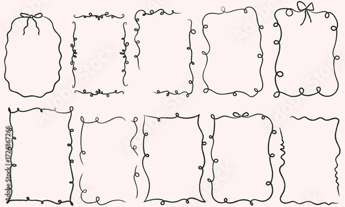 Modern hand drawn trendy coquette frames doodle set with bows, ribbon and wavy lines. Vintage whimsical borders. Elegant vector design template for wedding invitation, birthday, print, holiday poster.
