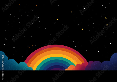 A vibrant rainbow arching over a starry night sky, symbolizing hope and beauty with colorful cloud accents and a serene backdrop.