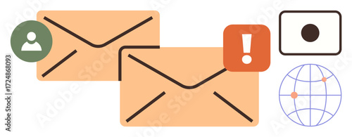 Envelopes with user icon, alert sign, camera, and globe element symbolizing email messaging, notifications, and global communication. Ideal for connectivity, marketing, alerts networking business
