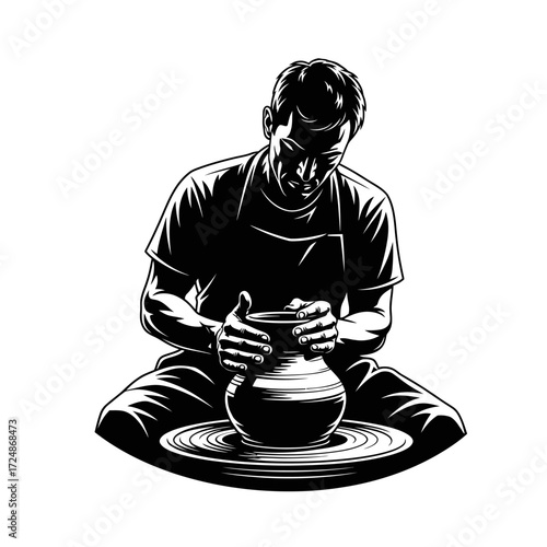 Artisanal Male Potter Shaping Clay on a Wheel Black Vector Silhouette of Craftsmanship