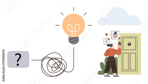 Woman analyzes information to unlock door, navigating tangled line leading to a glowing lightbulb. Ideal for problem-solving, innovation, creativity, strategy, brainstorming, critical thinking