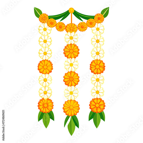 Three beautiful flower garlands hang vertically decorated with orange and white marigolds for Hindu festival event.