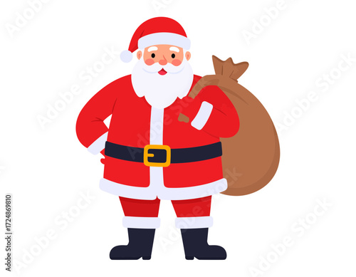 Smiling Santa Claus stands ready carrying a large sack of gifts for Christmas Eve delivery.
