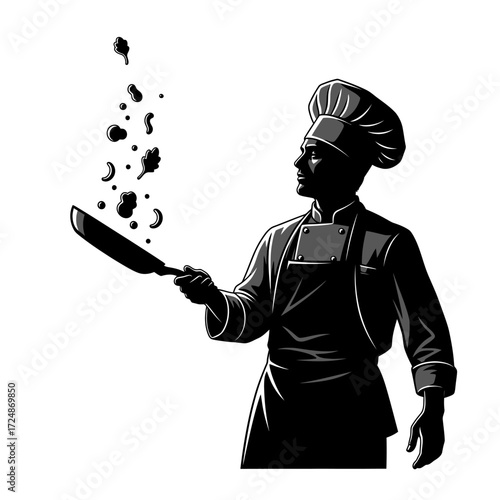 Male Chef Tossing Ingredients in a Frying Pan Expressive Vector Silhouette of Culinary Art
