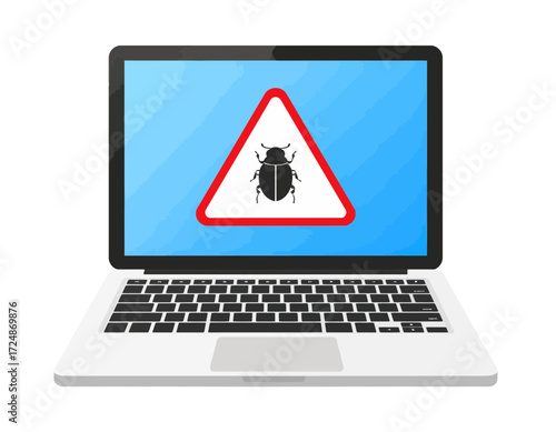 Laptop computer displays a red triangular warning sign with a bug icon for system virus infection.