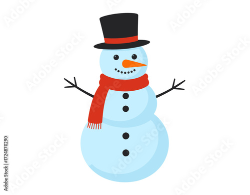 Cute cartoon snowman wears a black top hat and red scarf celebrating winter holiday season.