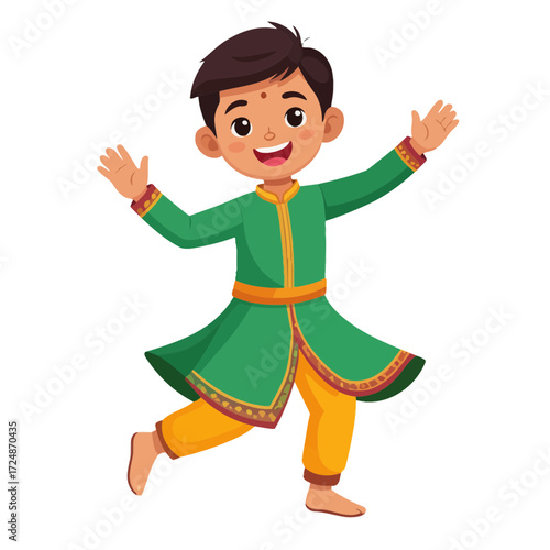 Happy Indian boy dances energetically wearing a green traditional kurta for Diwali festival celebration.