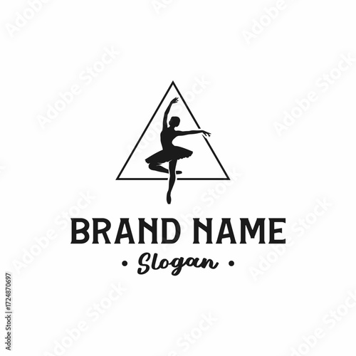 Monochrome logo featuring a graceful ballerina silhouette dancing within a triangle, with placeholder text for brand name and slogan.