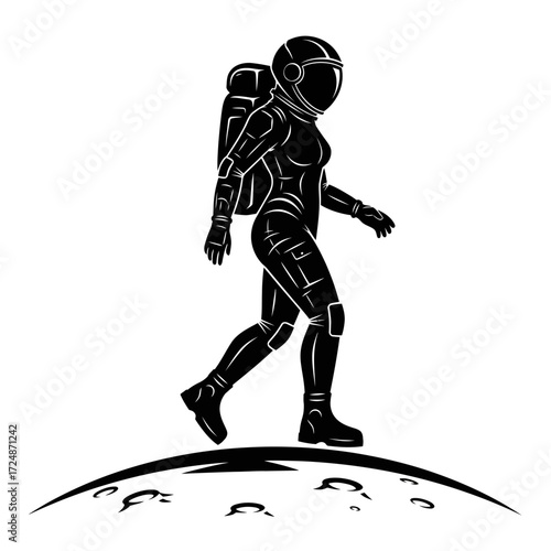 Female Astronaut Stepping onto Lunar Surface Black Vector Silhouette of Space Exploration