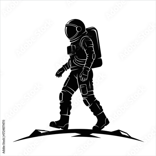 Female Astronaut Stepping onto Lunar Surface Black Vector Silhouette of Cosmic Discovery