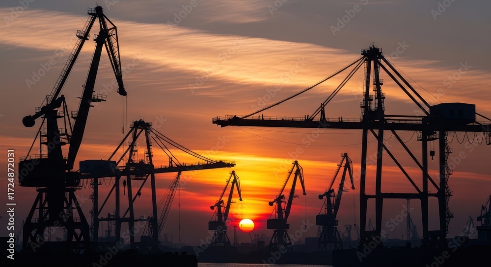 Obraz premium Industrial Cranes Silhouette Against a Vibrant Sunset Sky at a Commercial Port.