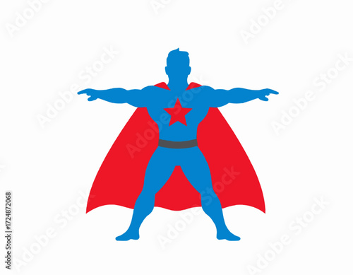 Superhero Silhouette with Cape Arms Outstretched Blue and Red Colors Heroic Stance high quality professional