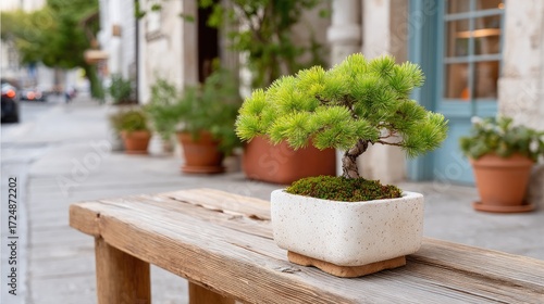 Bonsai Tree in White Textured Pot on Weathered Wooden Table with Blurred Street Background and Blue Doorway with Bright Cinematic Lighting
