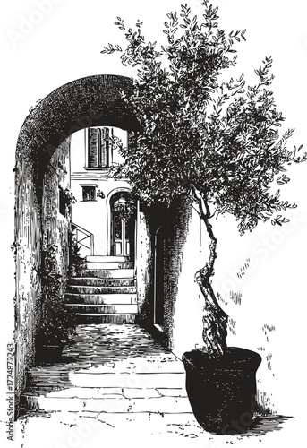 Engraving of Mediterranean courtyard with arched passage and olive tree in pot.